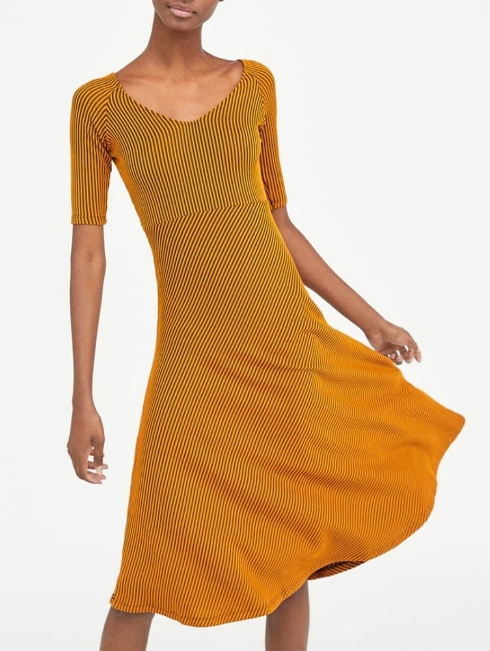 Zara Mustard Yellow Ribbed Midi Dress Size M Casual Comfortable